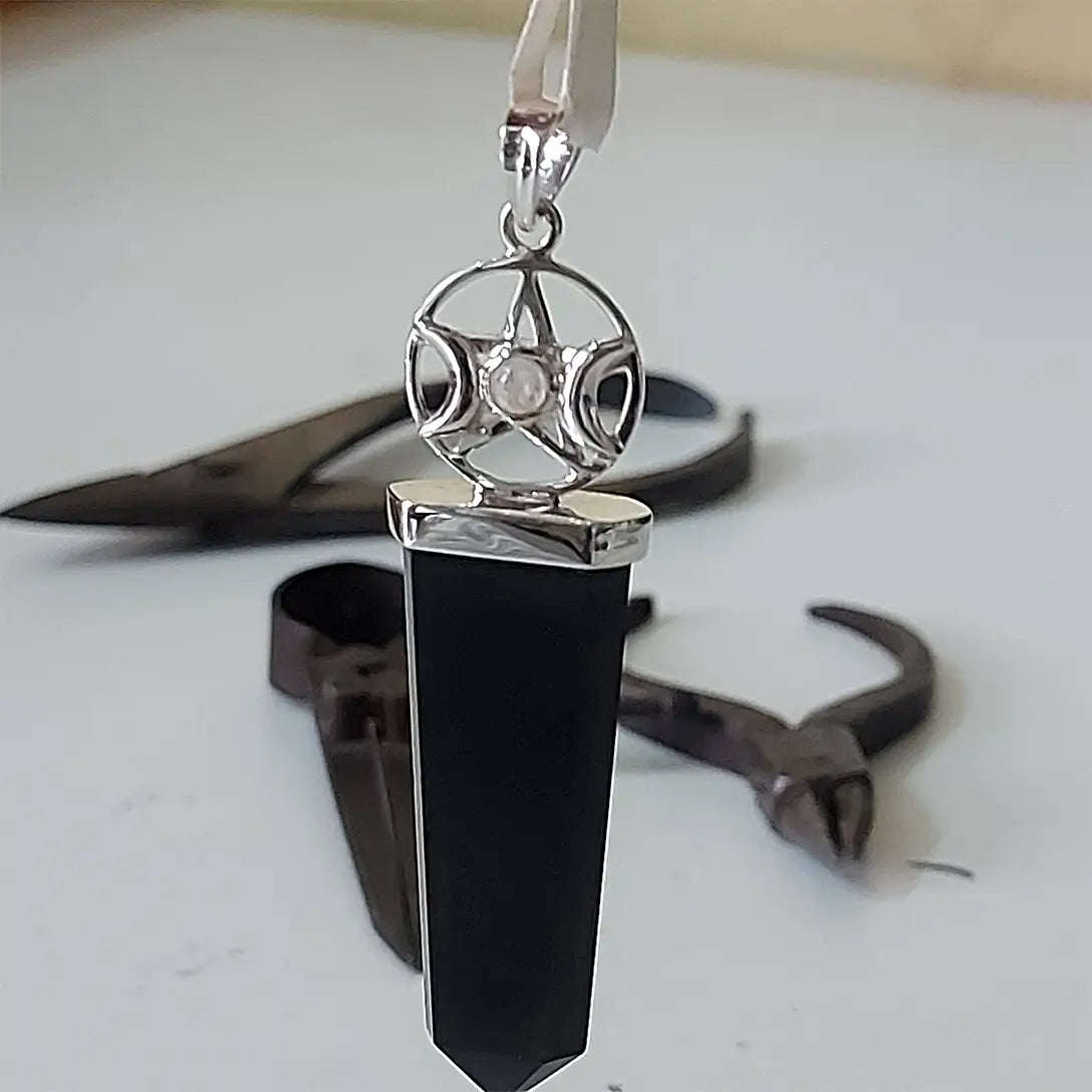 Moonstone & Black Tourmaline Triple Moon Pentacle Pendant