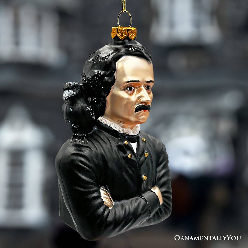 Edgar Allan Poe Glass Christmas Ornament, Spooky Halloween