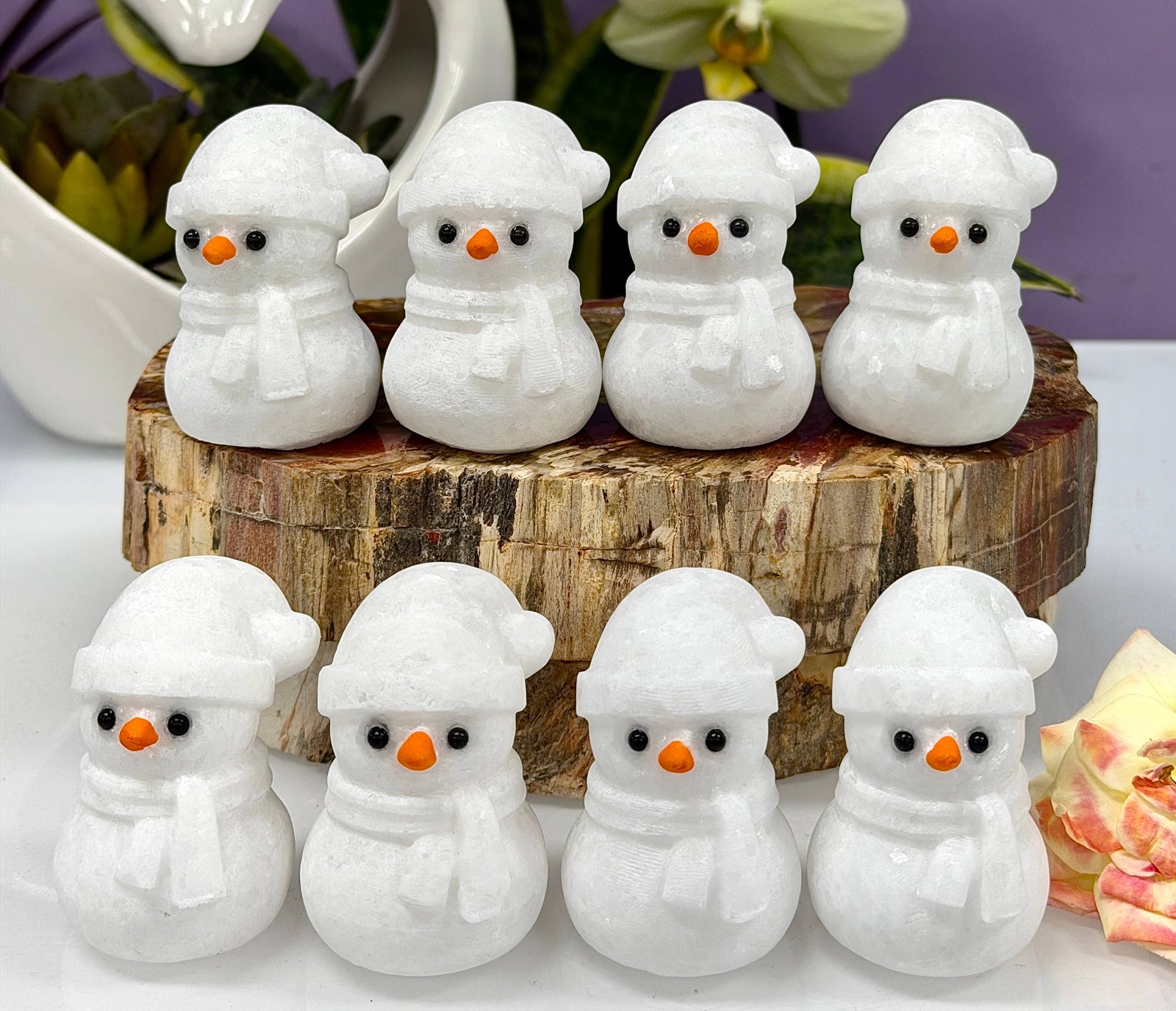 Natural Snow Quartz Snowman Carving with Obsidian Eyes