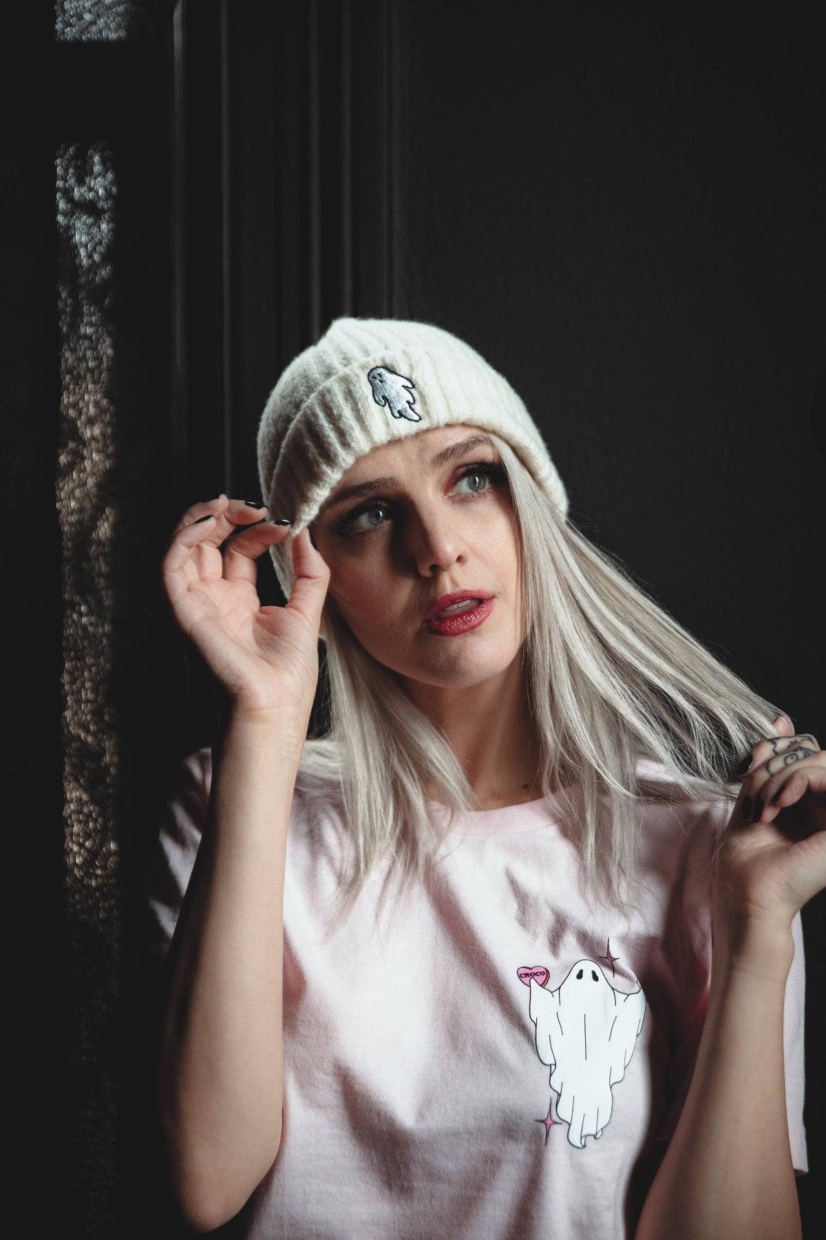 Ghost White | Ghostie Embroidered &amp; Reversible Knit Beanie