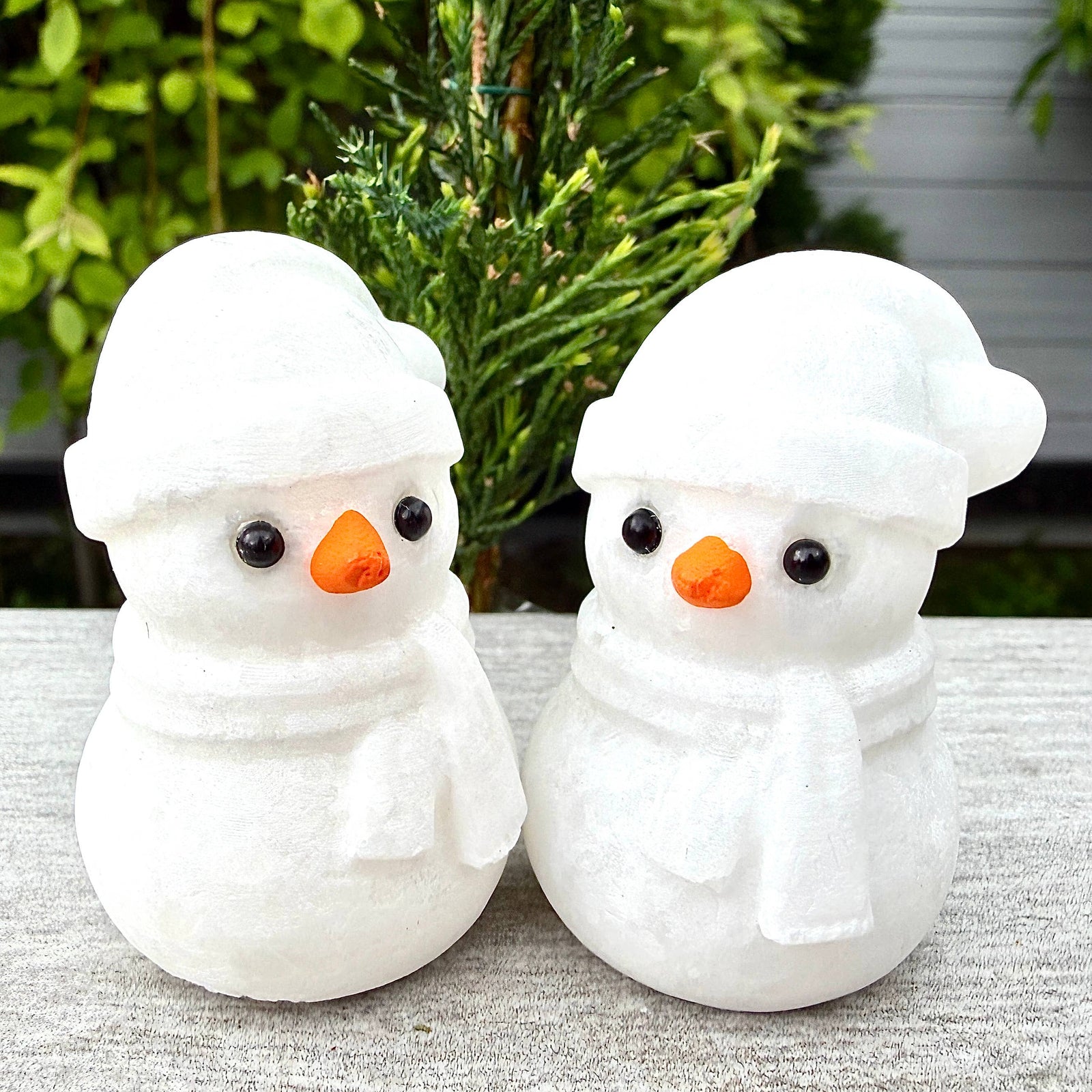 Natural Snow Quartz Snowman Carving with Obsidian Eyes