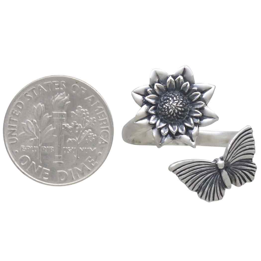 Sterling Silver Dahlia and Butterfly Adjustable Ring