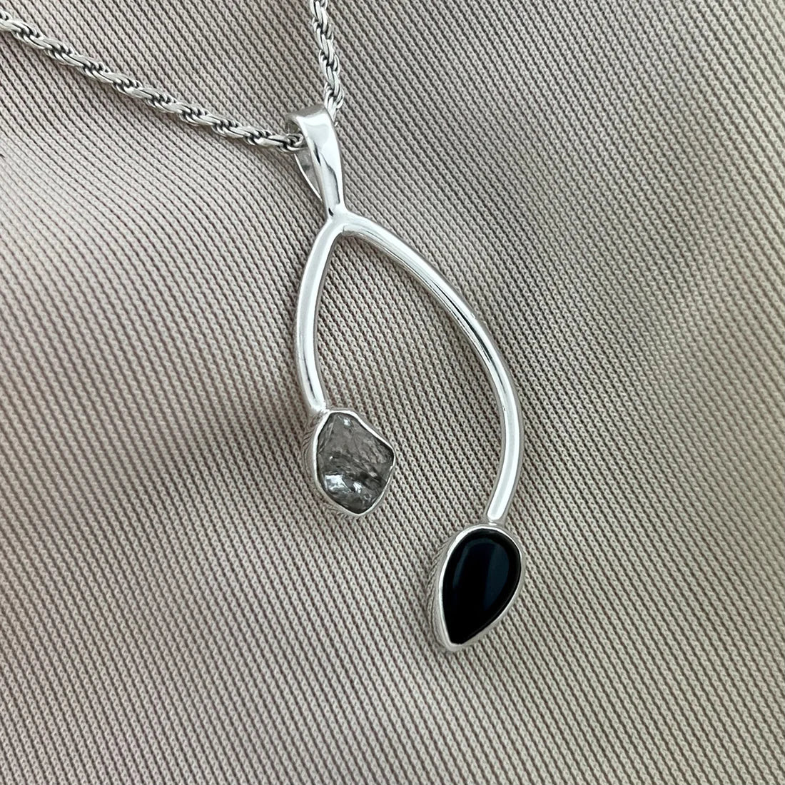 Black Onyx With Herkimer Diamond Sterling Silver Pendant