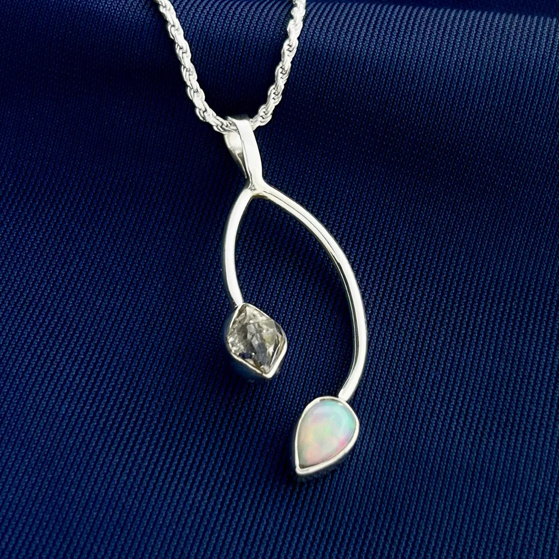 Ethiopian Opal With Herkimer Diamond Sterling Silver Pendant