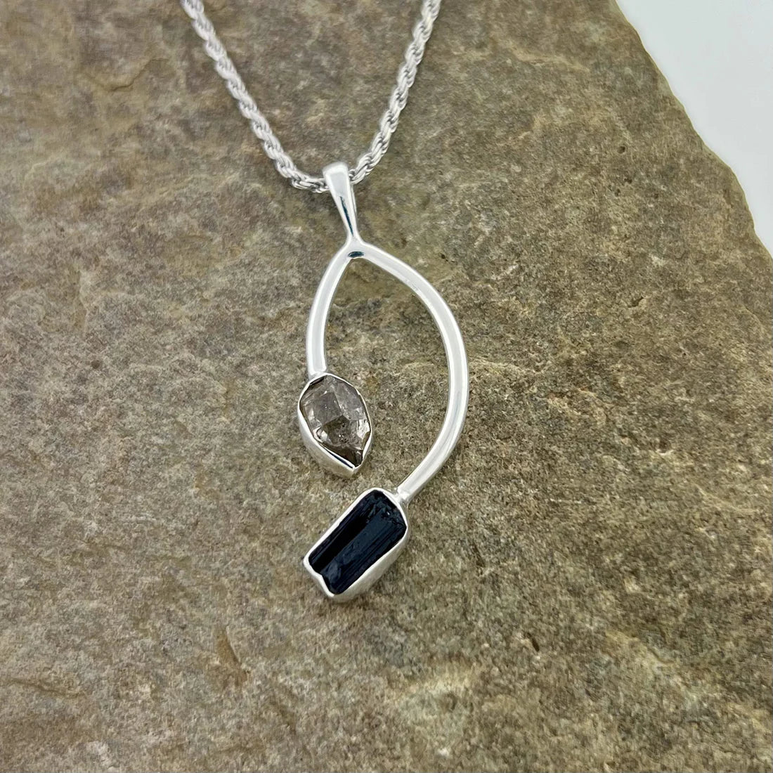 Black Tourmaline with Herkimer Diamond Sterling Silver Pendant