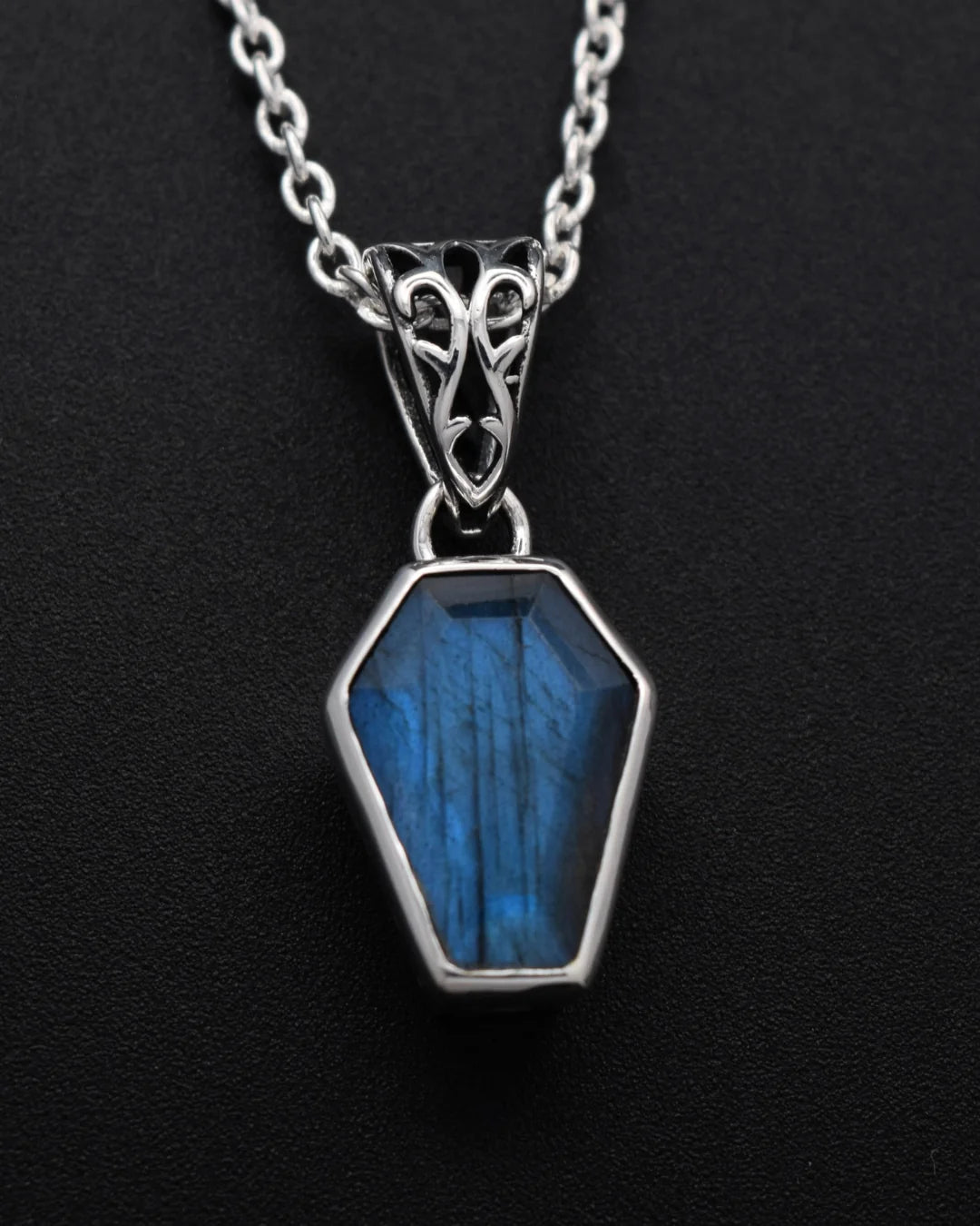 Silvaria Labradorite Coffin Necklace with Adjustable Chain – Gothic Gemstone Jewelry