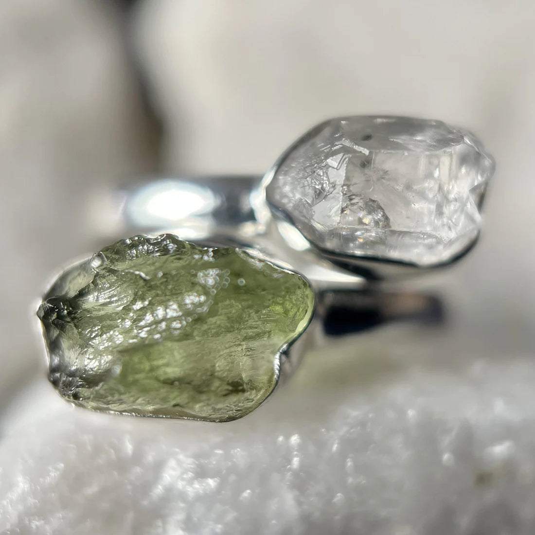 Moldavite with Herkimer Diamond Sterling Silver Ring