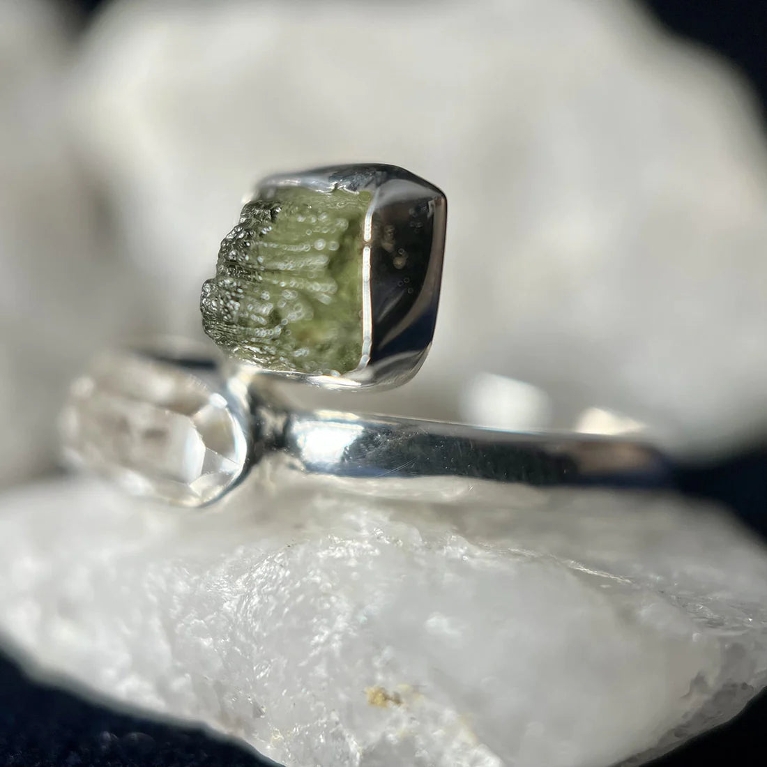 Moldavite with Herkimer Diamond Sterling Silver Ring