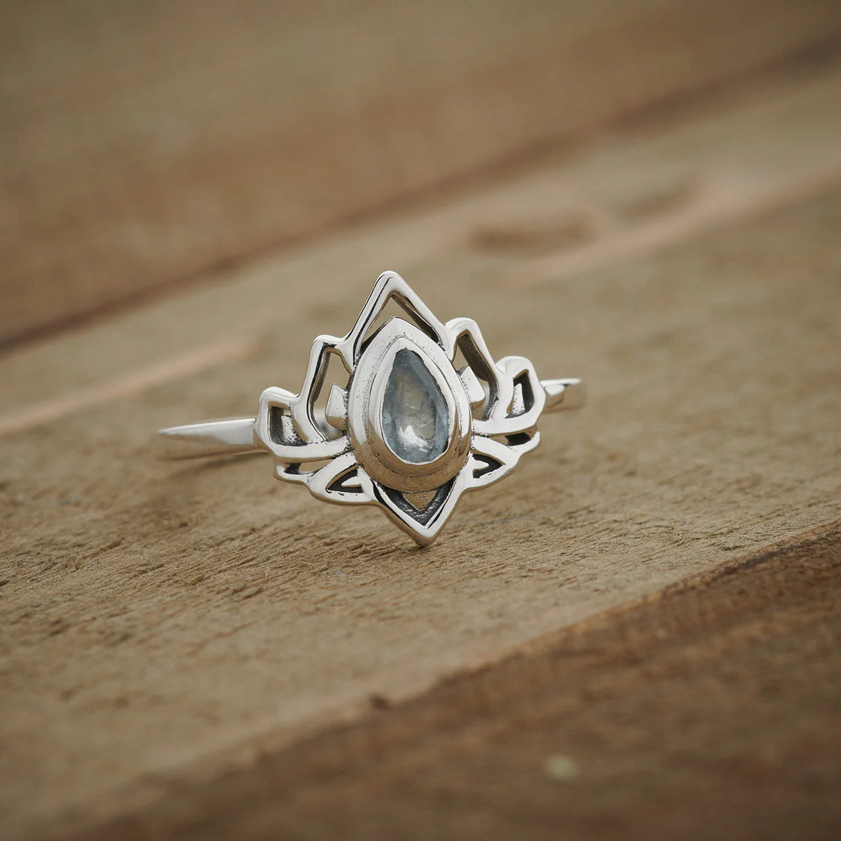 Aquamarine Lotus Flower Ring | Sterling Silver March Birthstone Jewelry