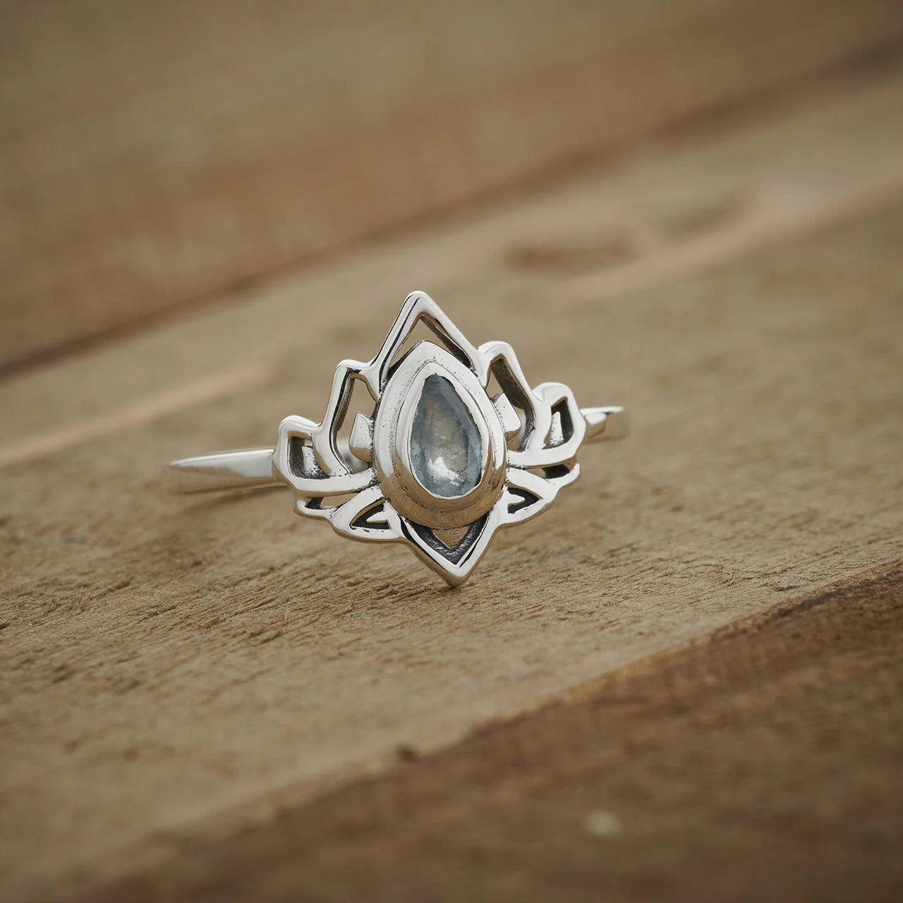 Aquamarine Lotus Flower Ring | Sterling Silver March Birthstone Jewelry