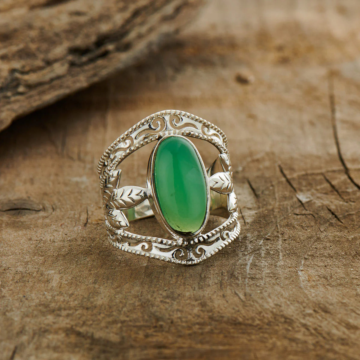 Chrysoprase Leaf Ring | Sterling Silver Healing Crystal Jewelry