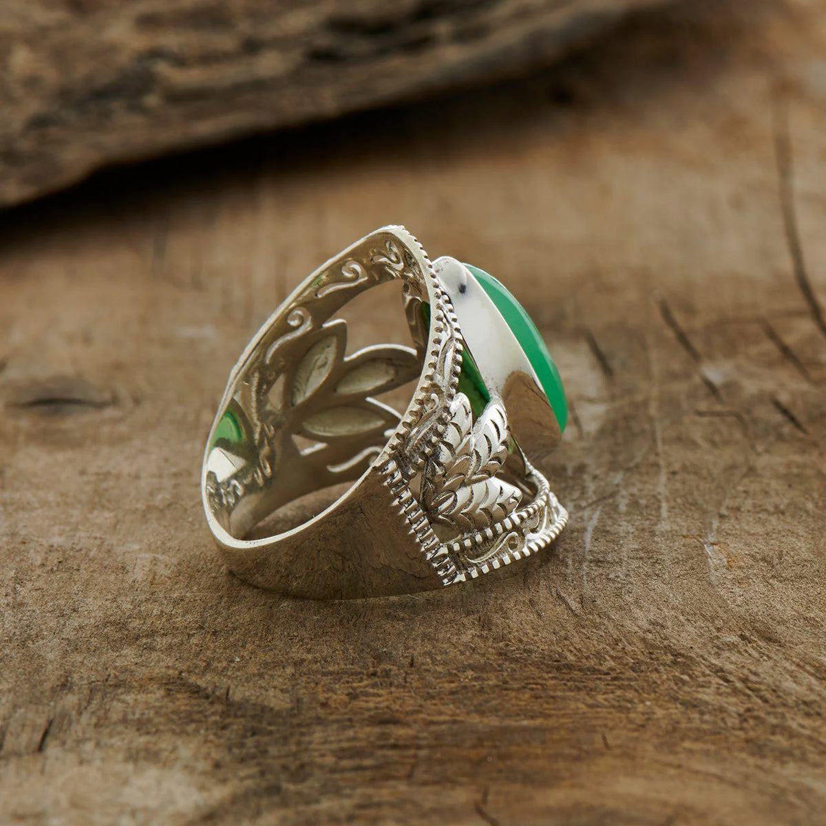 Chrysoprase Leaf Ring | Sterling Silver Healing Crystal Jewelry