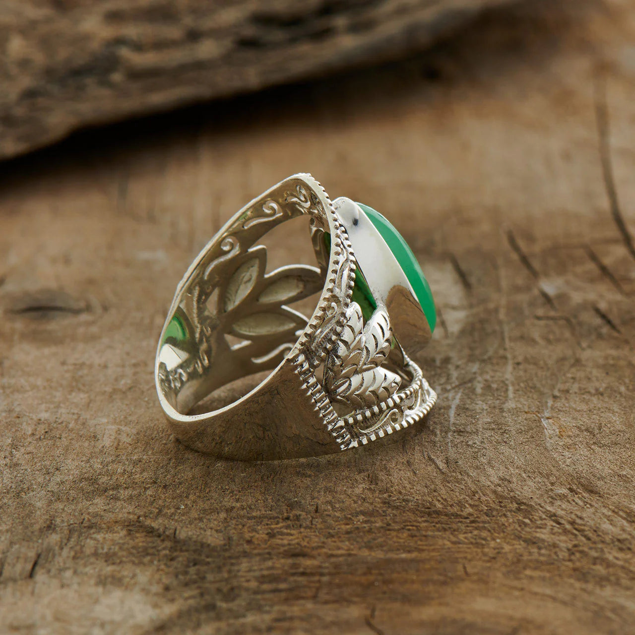 Chrysoprase Leaf Ring | Sterling Silver Healing Crystal Jewelry