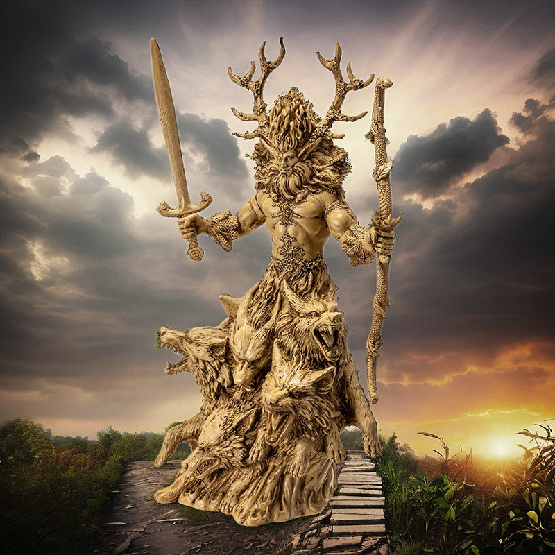 Cernunnos Celtic God Statue – Antlered Guardian of Nature | Hand-Painted Resin with Wolves, Sword & Bow