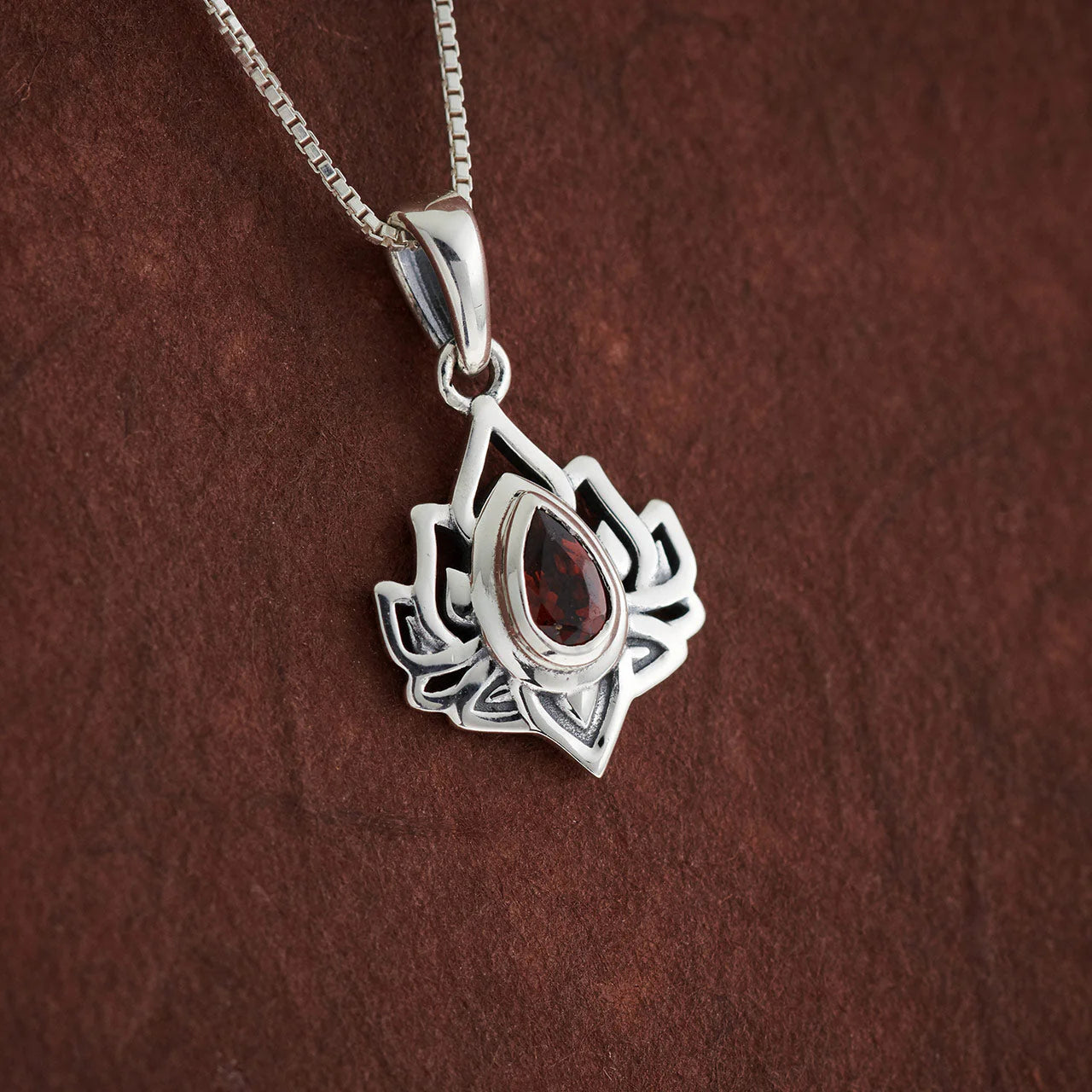 Garnet Sterling Silver Lotus Pendant