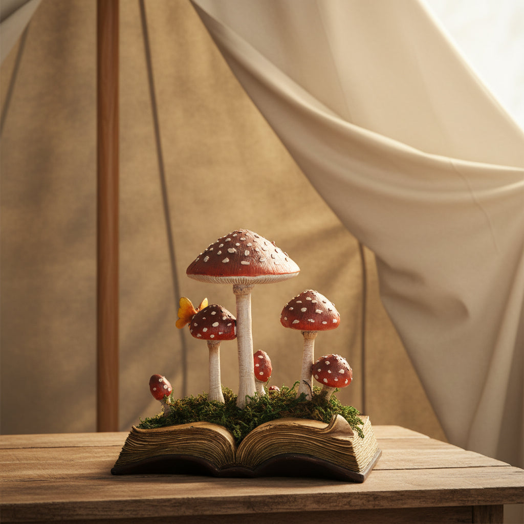 Decorative arrangement of mushrooms on an open book with a white background