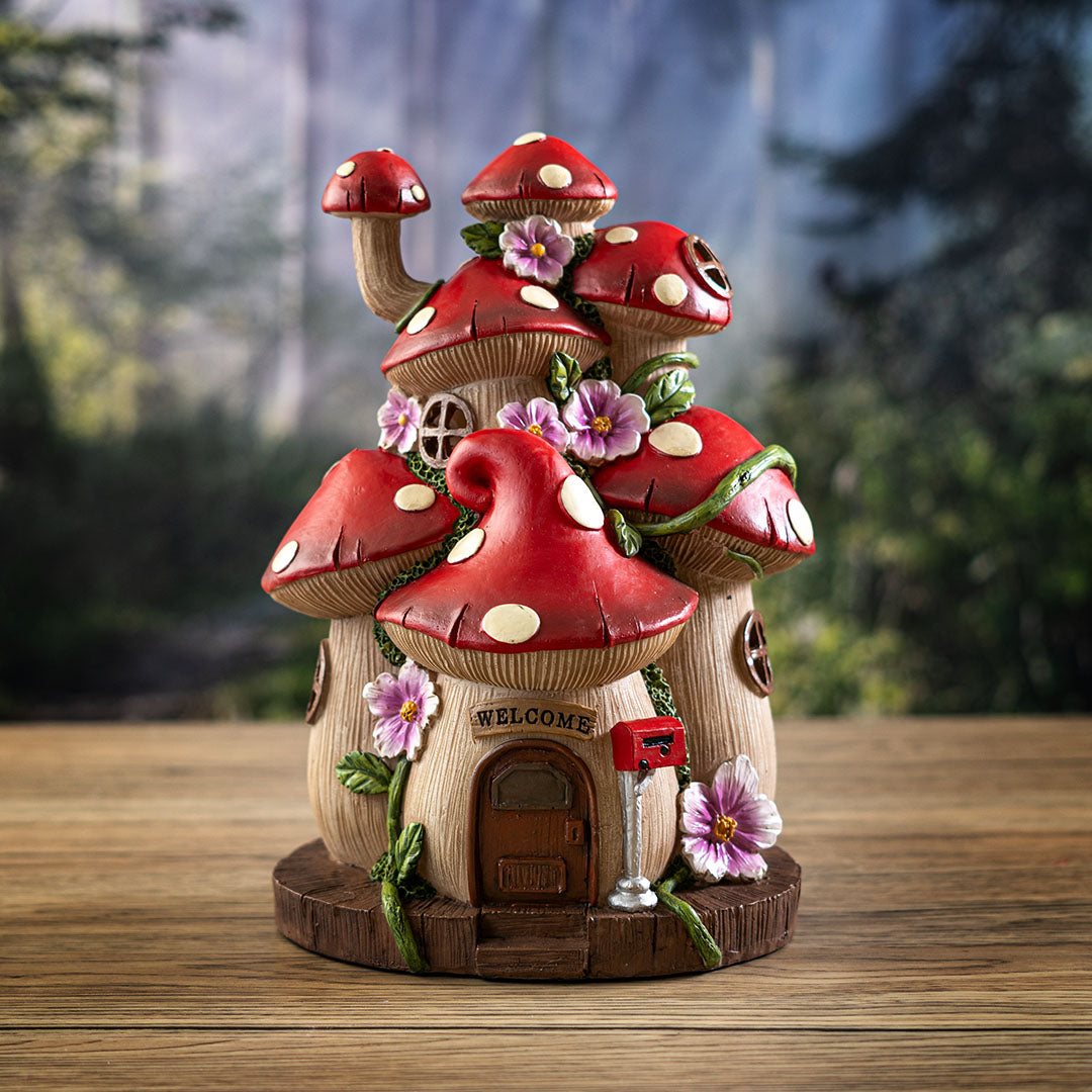 Whimsical Toadstool Mushroom House | 6.9" Resin Fairy Home with LED