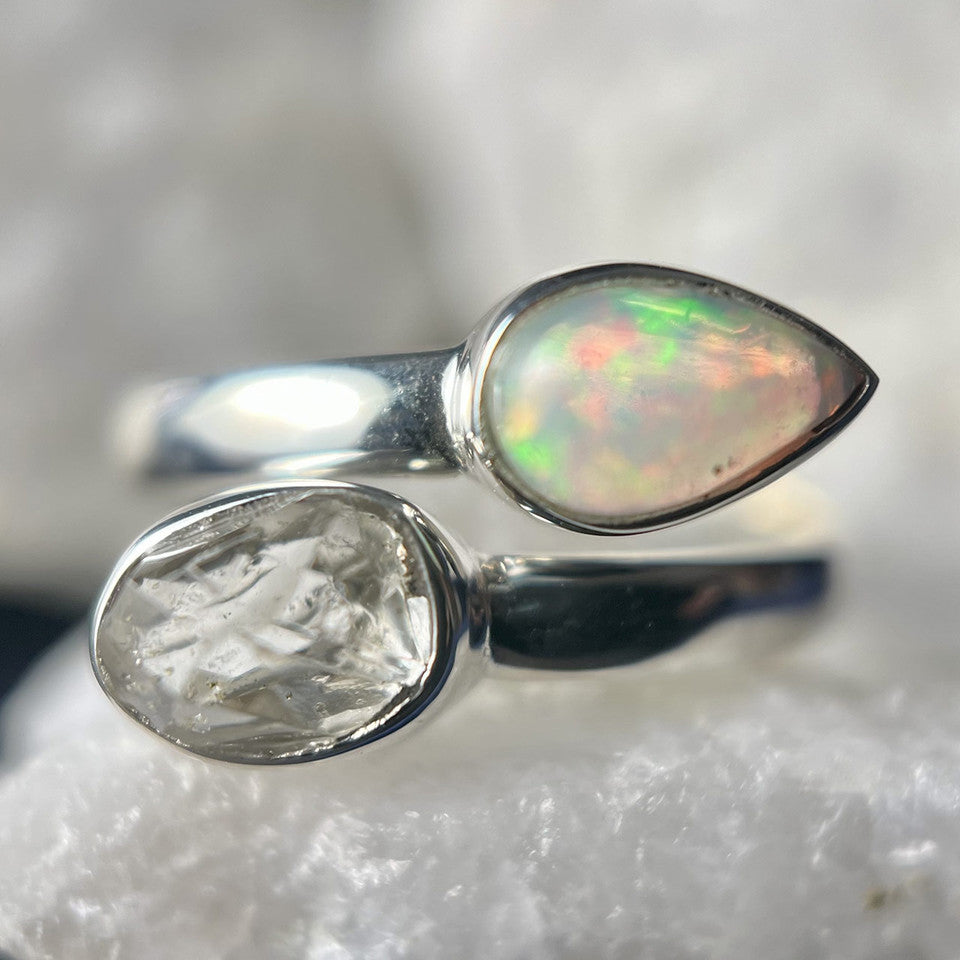 Ethiopian Opal with Herkimer Diamond Sterling Silver Ring