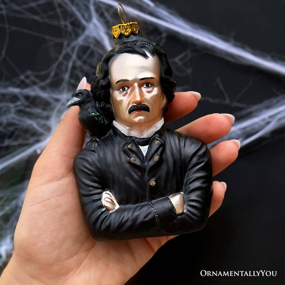 Edgar Allan Poe Glass Christmas Ornament, Spooky Halloween
