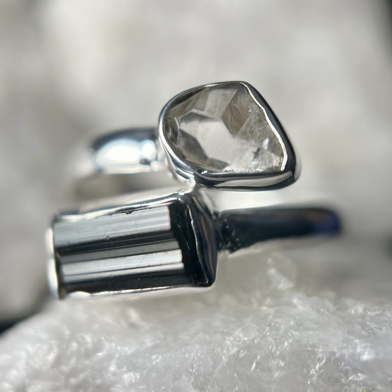 Black Tourmaline with Herkimer Diamond Sterling Silver Ring