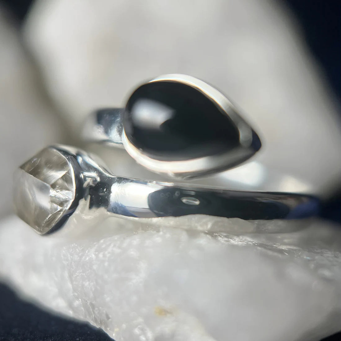 Black Onyx with Herkimer Diamond Sterling Silver Ring