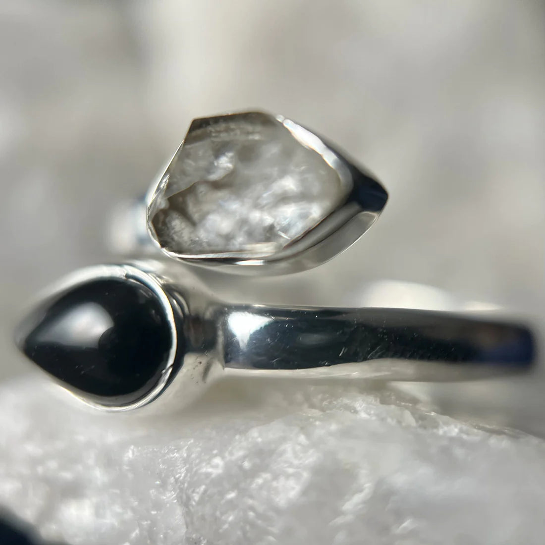 Black Onyx with Herkimer Diamond Sterling Silver Ring
