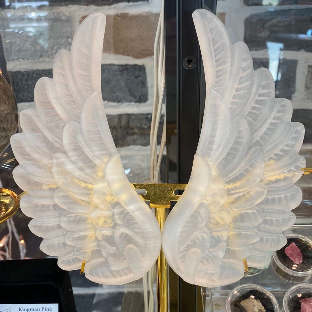 Selenite Angel Wings On Gold Metal Stand (Pair) 6.25"H
