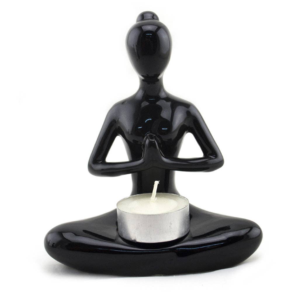 Ceramic Candle Holder - Yoga Lady Prayer - Black