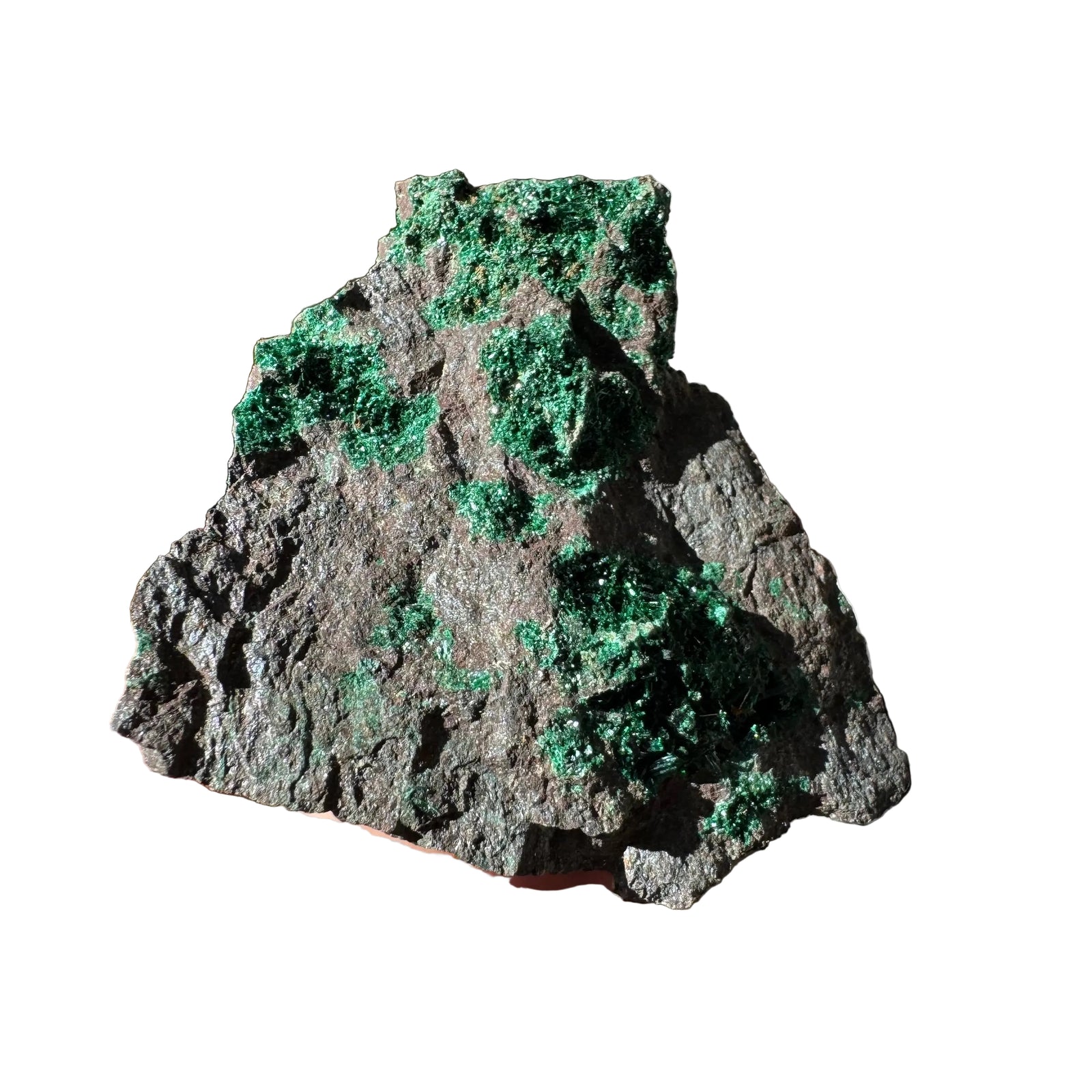 Brochantite natural mineral specimen with sparkling emerald-green crystal clusters on a dark brown rock matrix