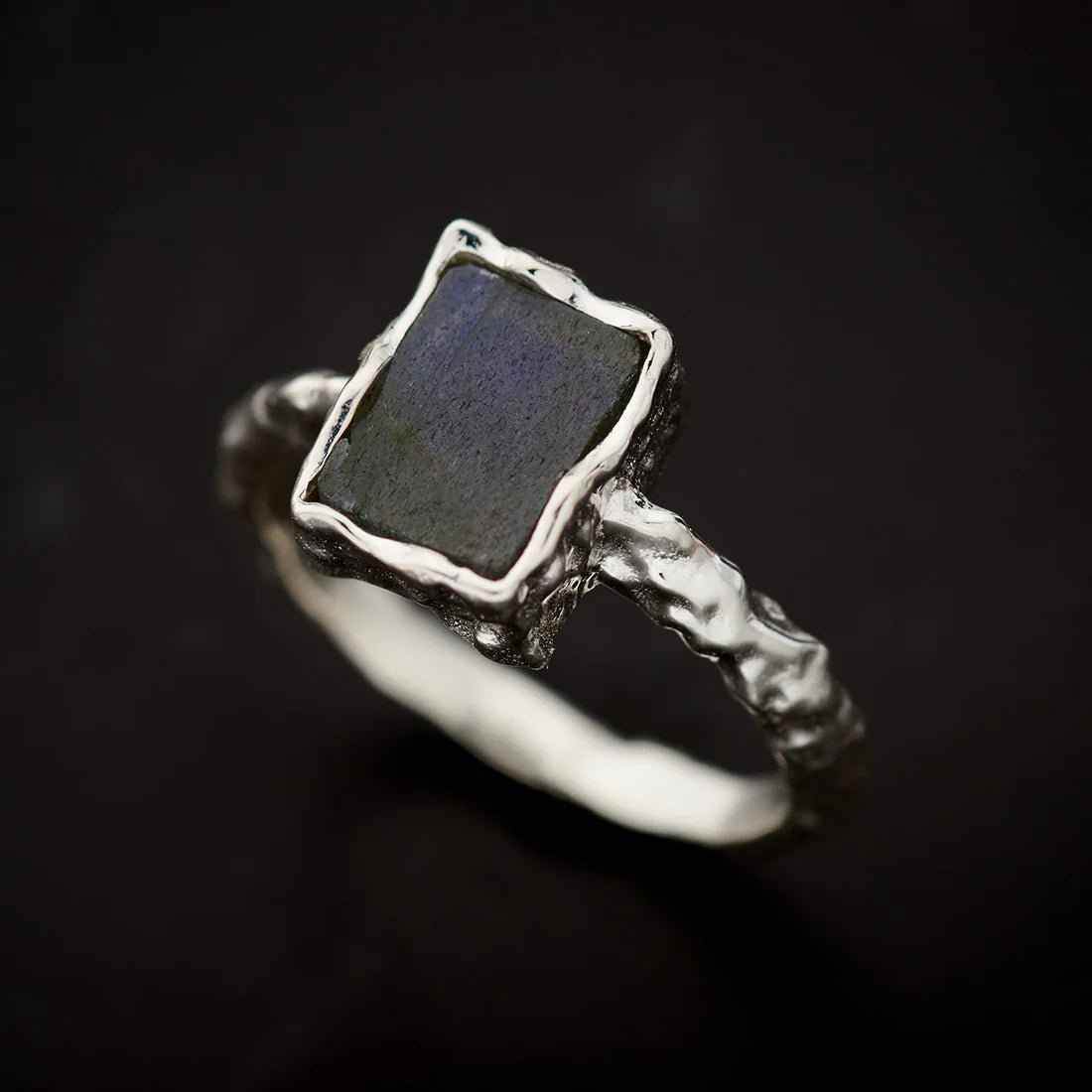 Labradorite Rectangle Ring | Sterling Silver Hammered Finish Magic