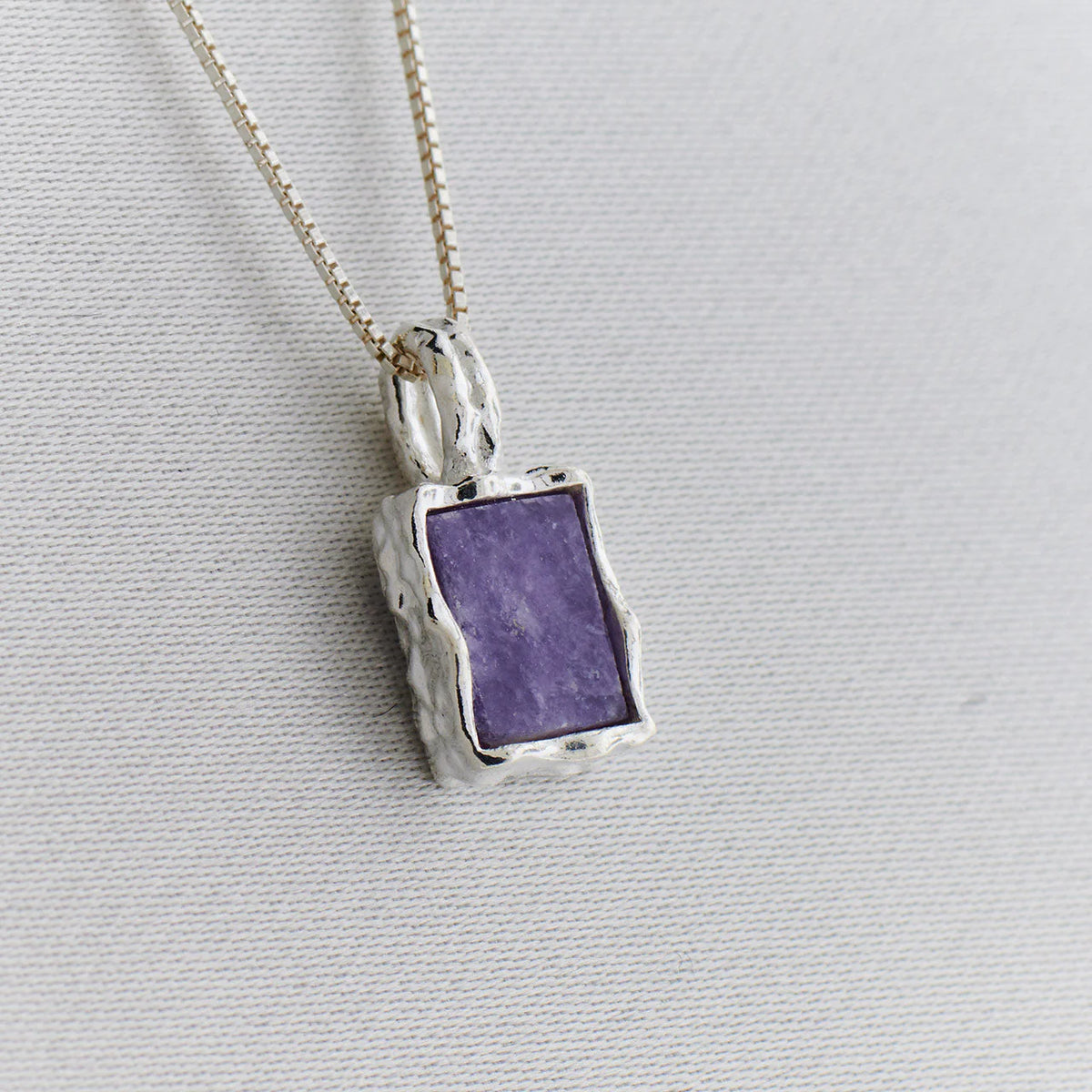 Lepidolite Sterling Silver Rectangle Hammered Finish Pendant