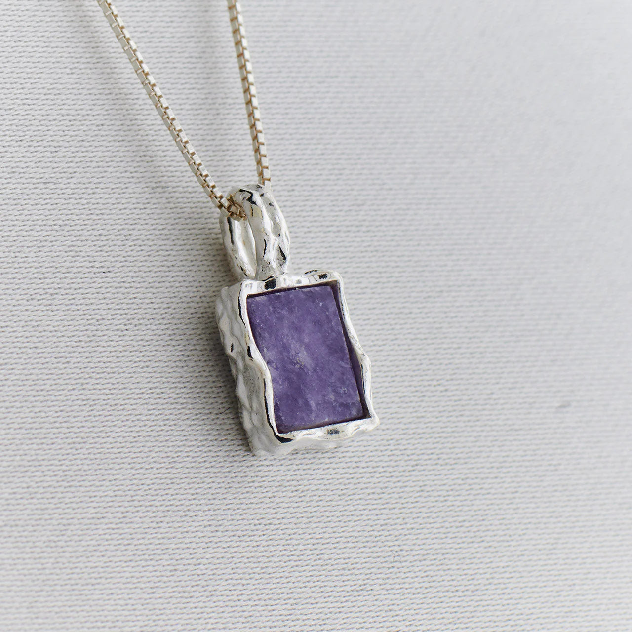 Lepidolite Sterling Silver Rectangle Hammered Finish Pendant