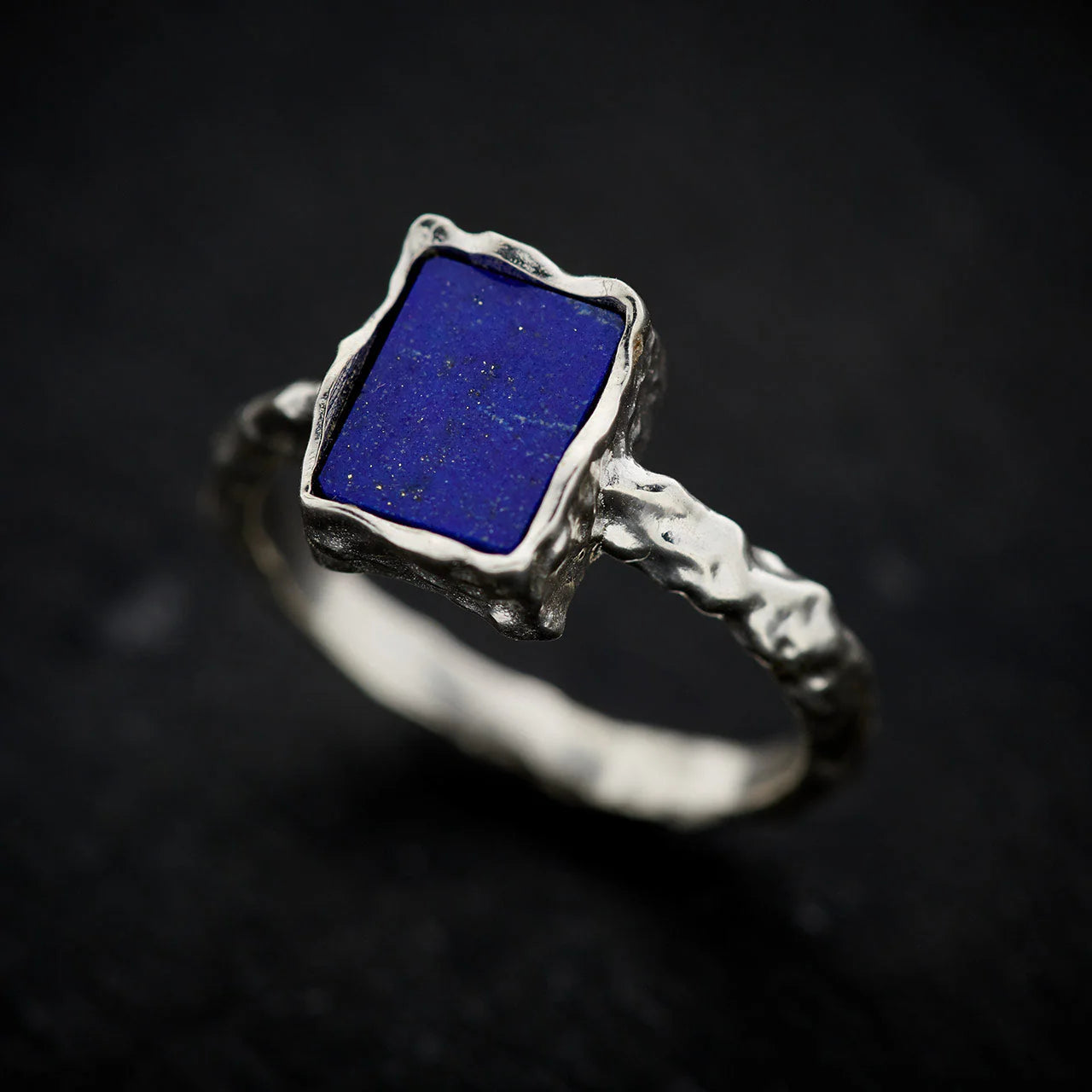 Lapis Lazuli Rectangle Ring | Sterling Silver Hammered Finish