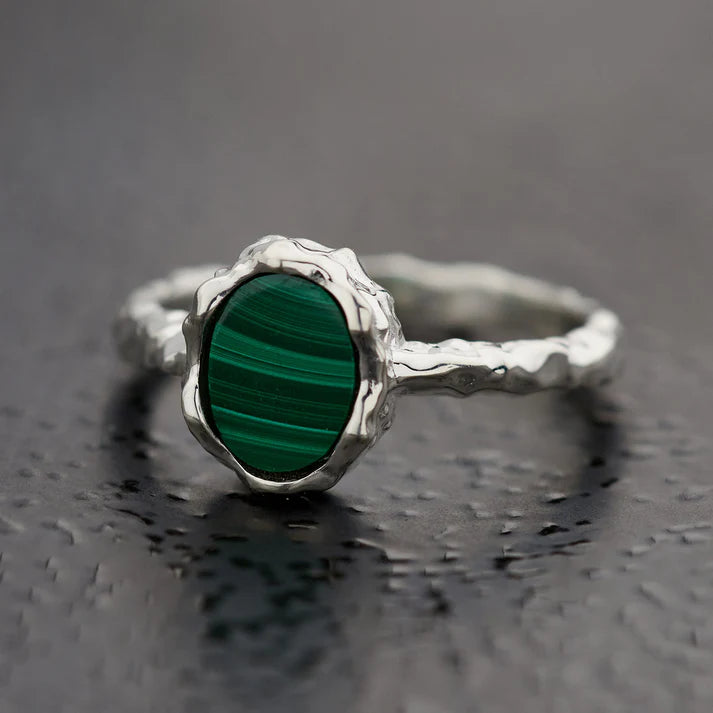 Malachite Sterling Silver Oval Hammered Finish Ring