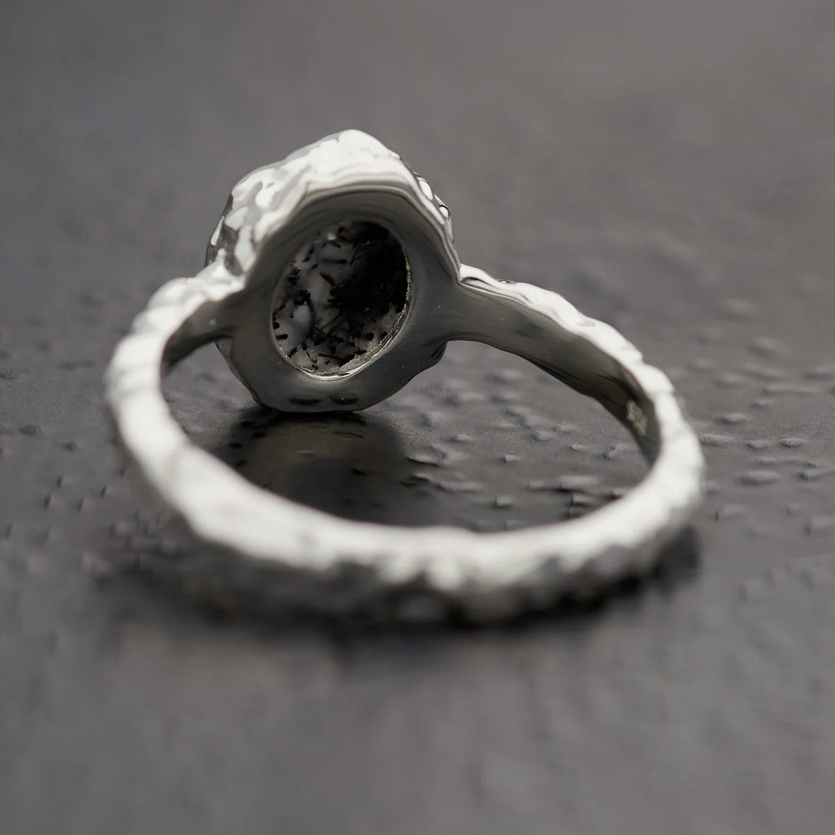 Black Rutile Oval Ring | Sterling Silver Hammered Finish