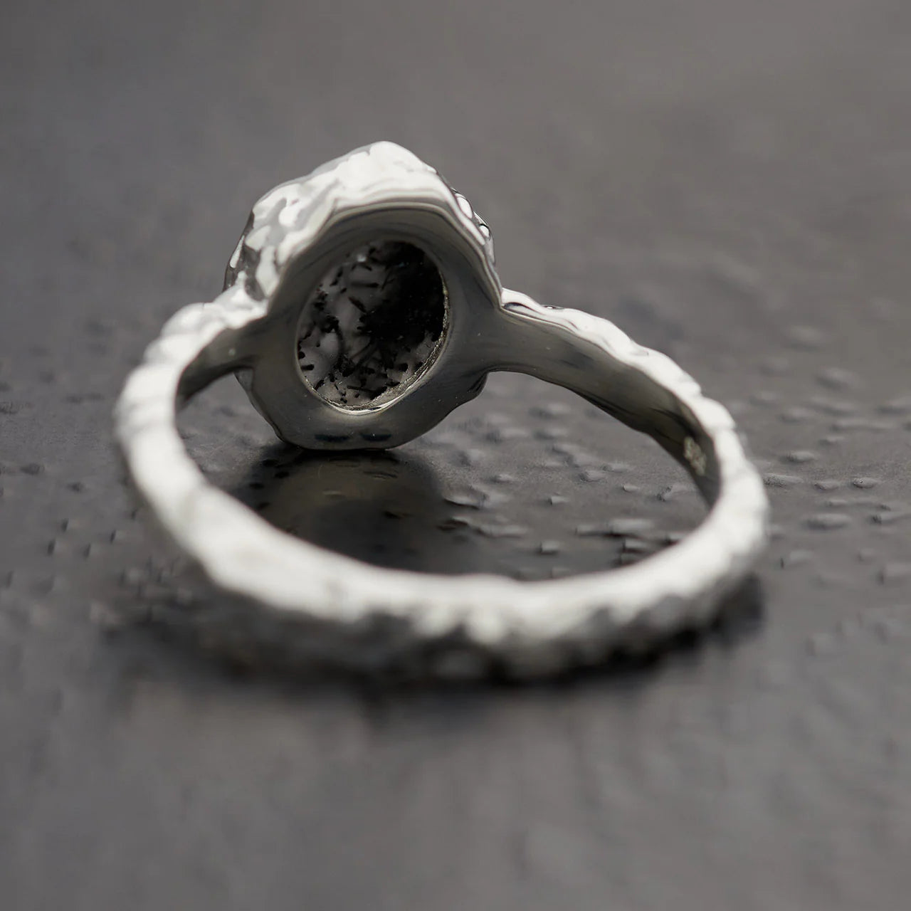 Black Rutile Oval Ring | Sterling Silver Hammered Finish