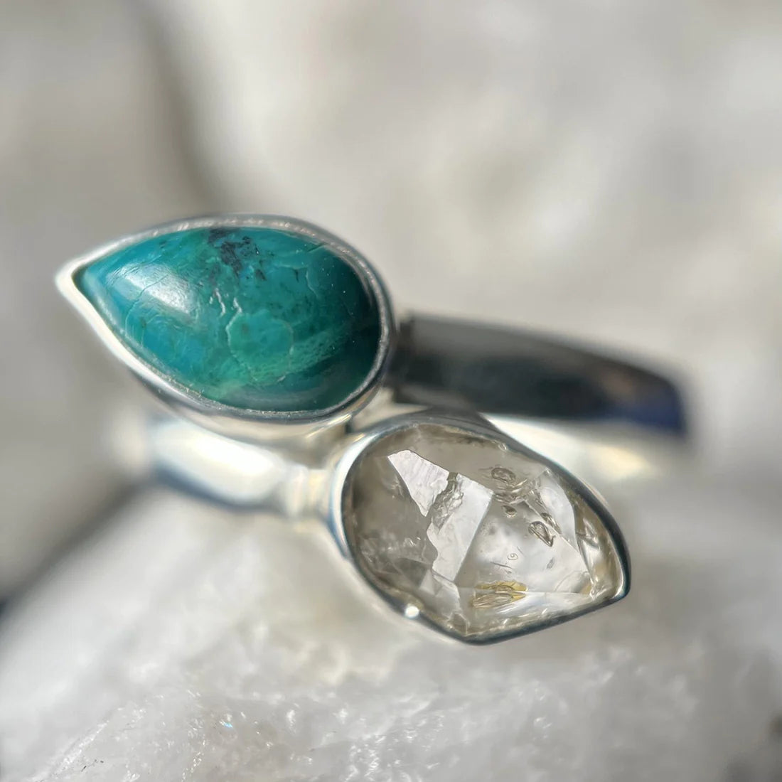 Chrysocolla with Herkimer Diamond Sterling Silver Ring