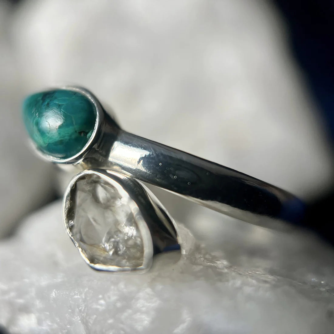 Chrysocolla with Herkimer Diamond Sterling Silver Ring