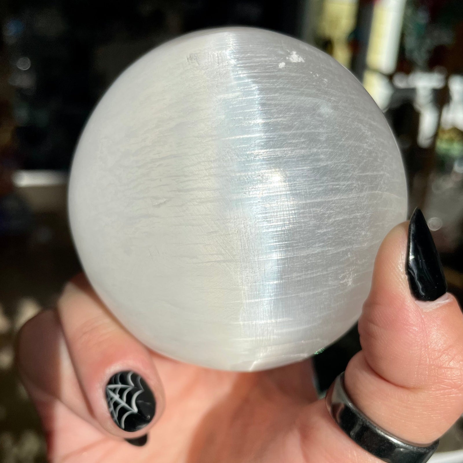 beautiful photo of the 3" selenite gemstone sphere