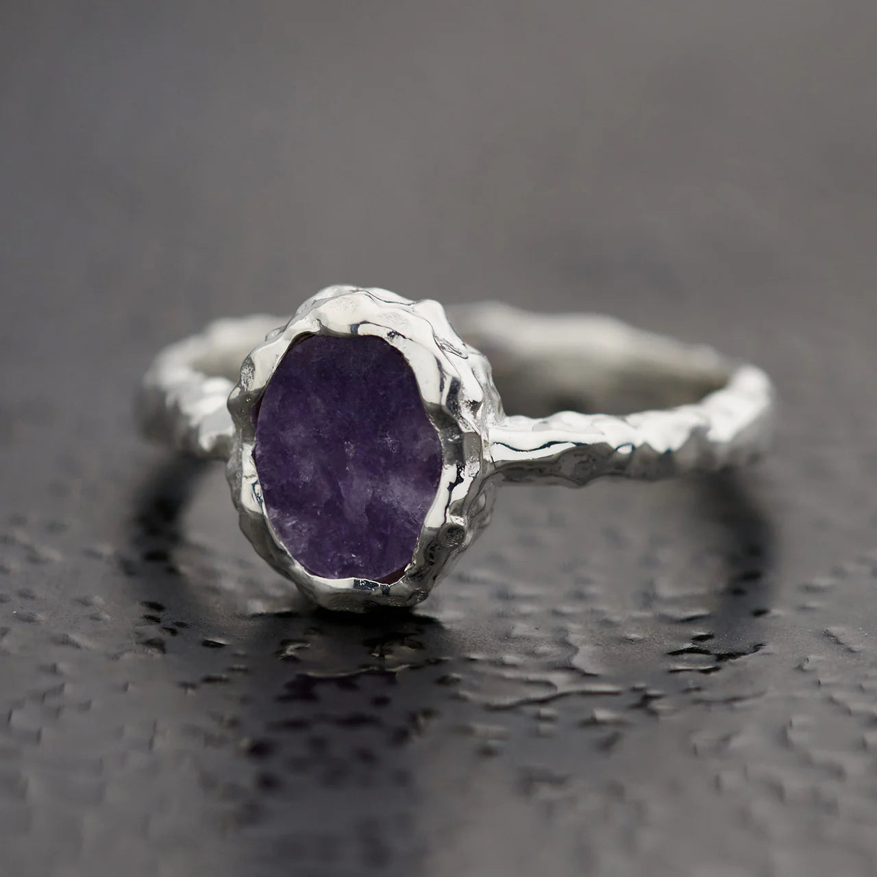 Lepidolite Oval Ring | Sterling Silver Hammered Finish