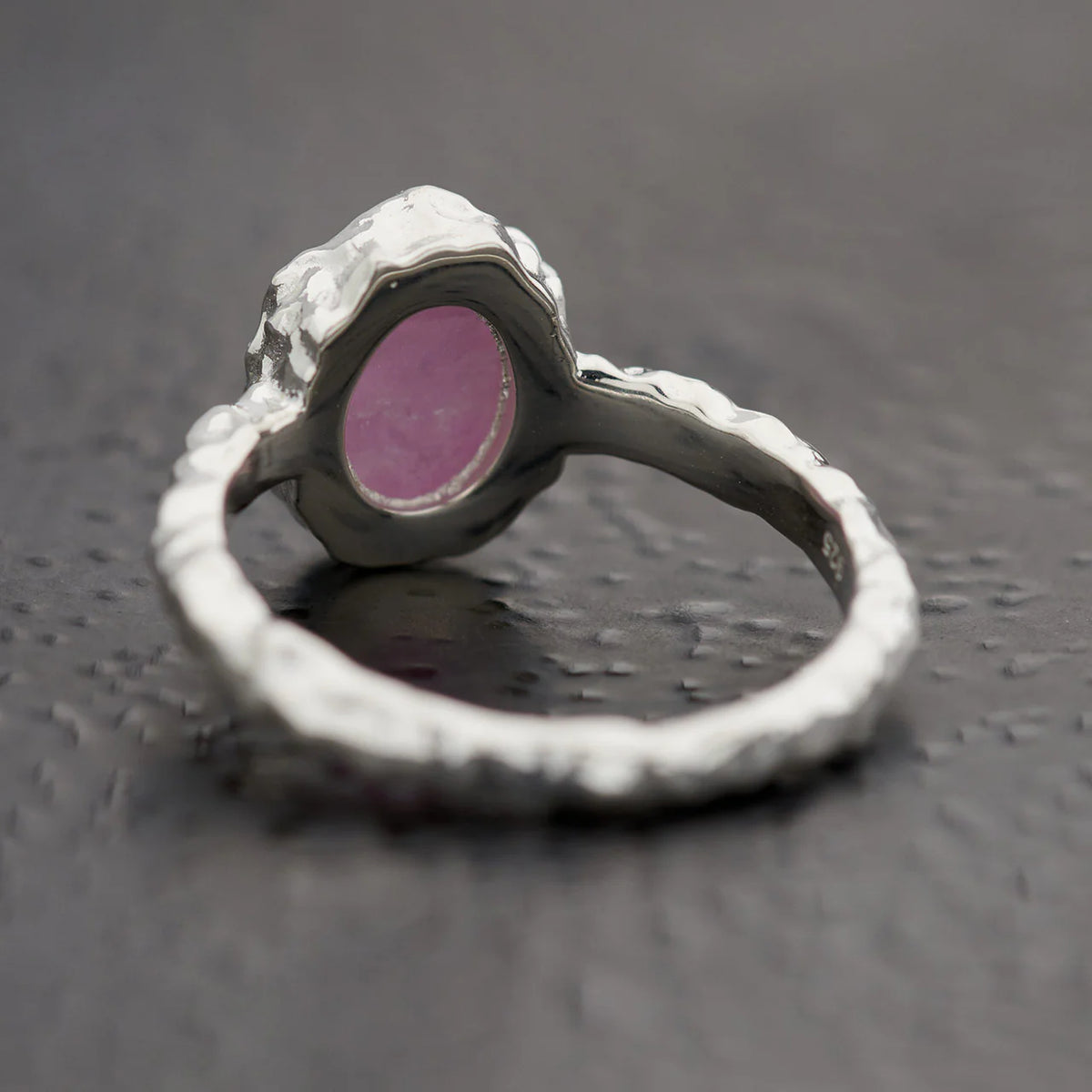 Pink Lepidolite Oval Ring | Sterling Silver Hammered Finish
