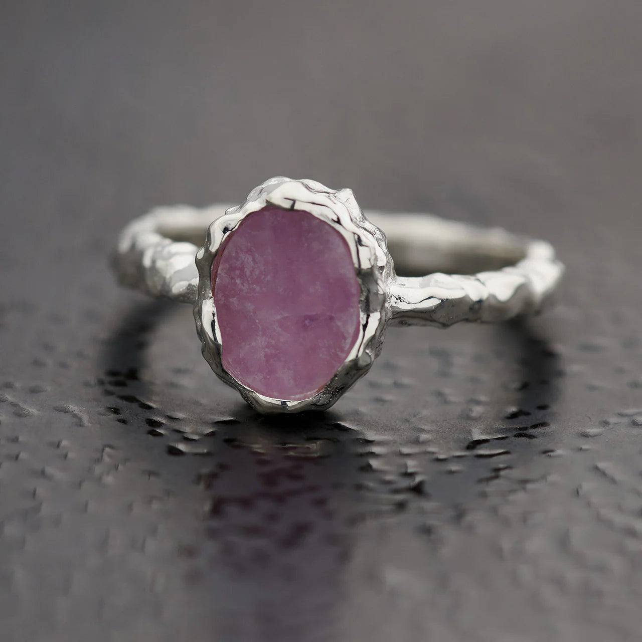 Pink Lepidolite Oval Ring | Sterling Silver Hammered Finish