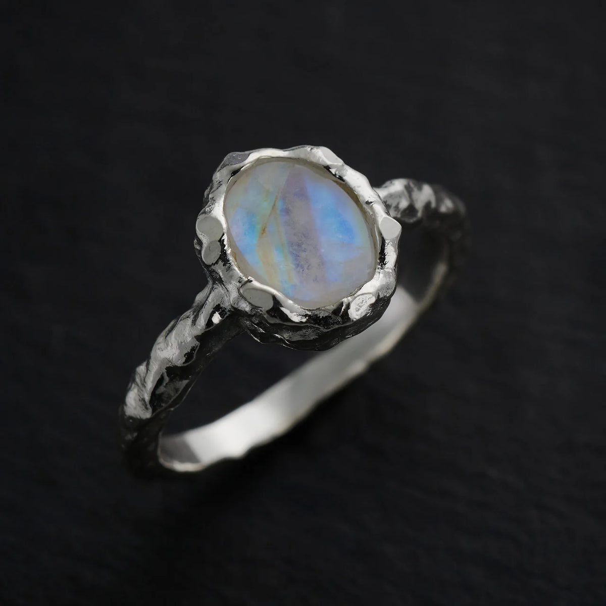 Moonstone Sterling Silver Hammered Oval Ring | Intuition &amp; New Beginnings