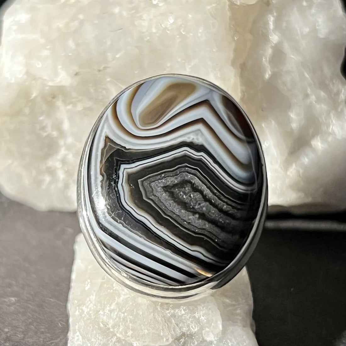Black Banded Agate Ring in Sterling Silver Cast a Stone
