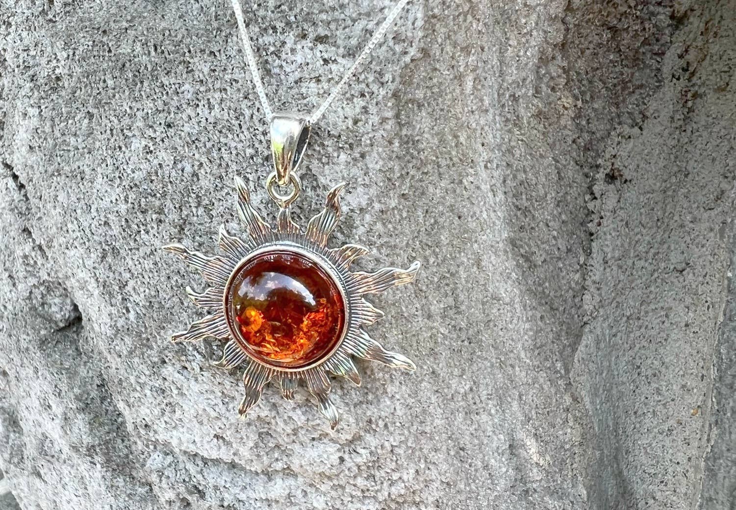 Large Radiant Sun Baltic Amber Pendant in Sterling Silver