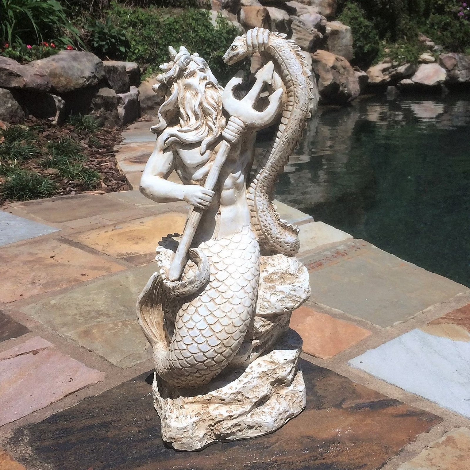 Poseidon Ruler of Sea Sitting on Rock Nautical Beach - Antique White Large Mermaid Statue