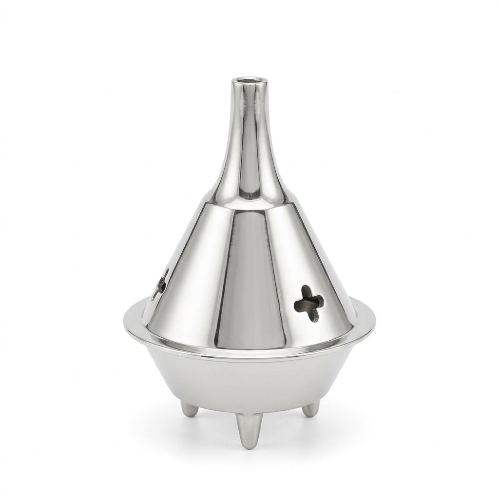 A shiny metallic silver funnel-shaped device with a flared base and three small feet, shown on a plain white background.