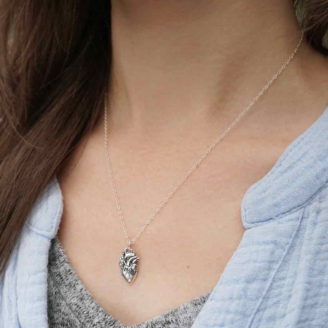 Sterling Silver 18 Inch Anatomical Heart Necklace