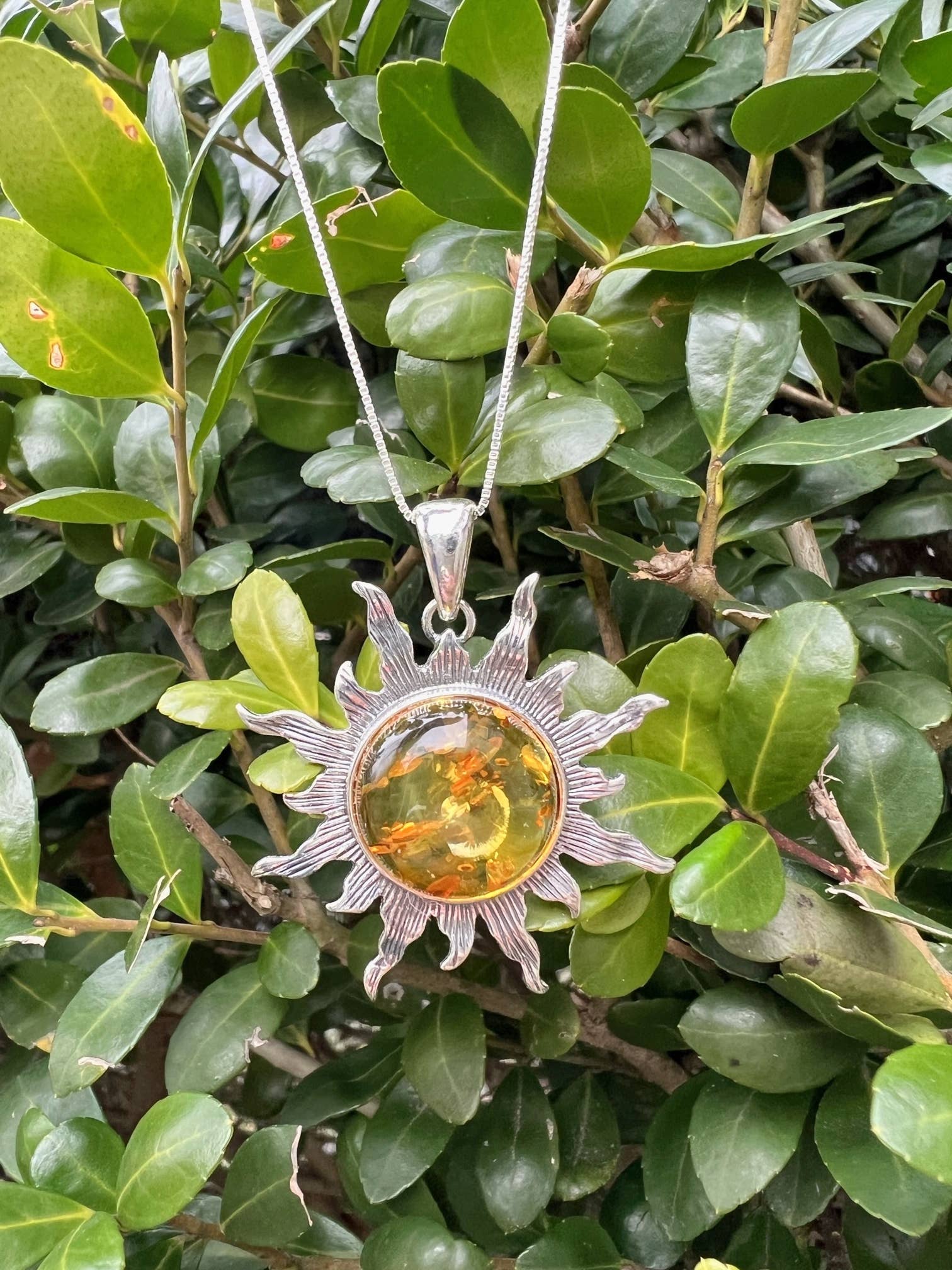 Large Radiant Sun Baltic Amber Pendant in Sterling Silver