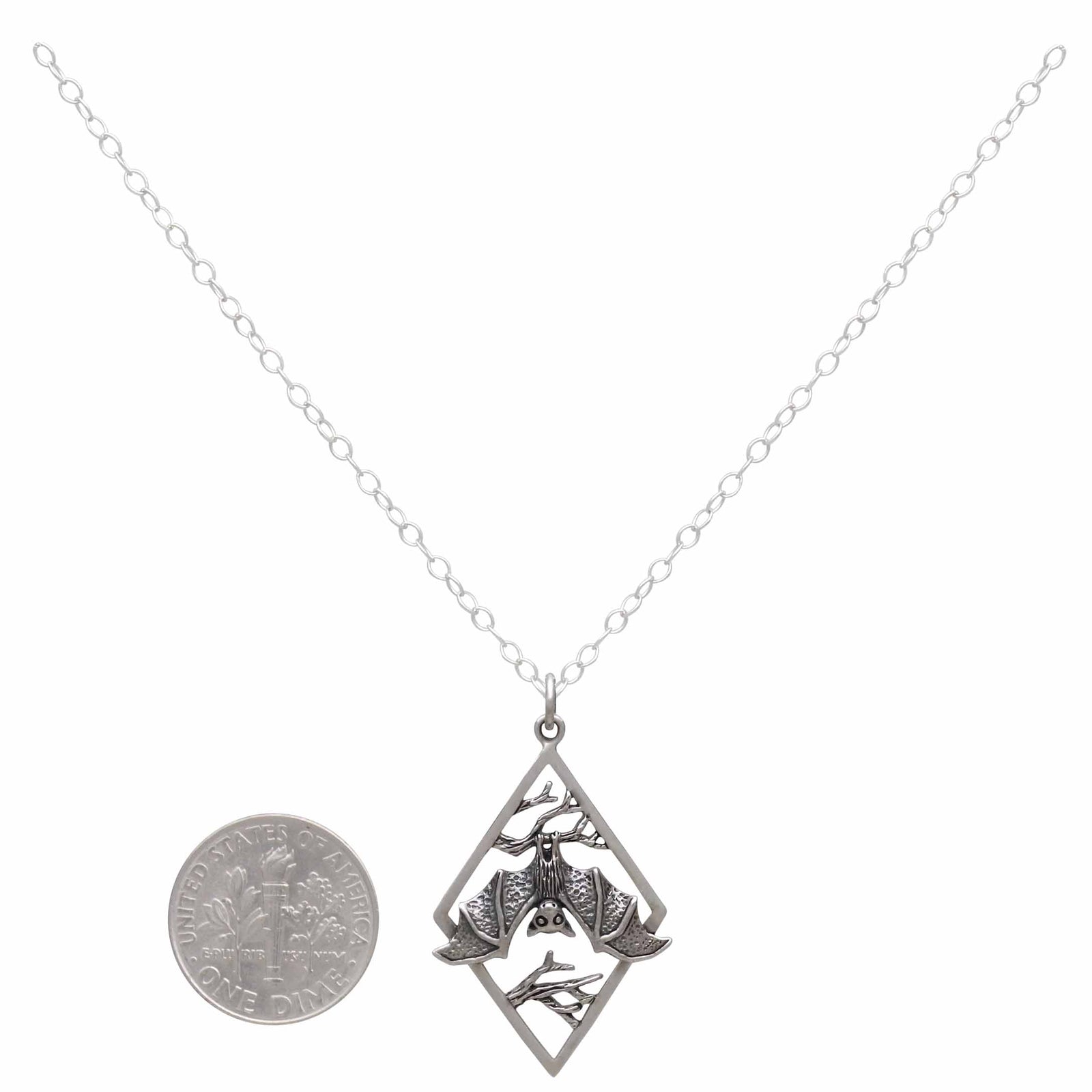 Silver Hanging Bat on Branches in Diamond Frame Necklace